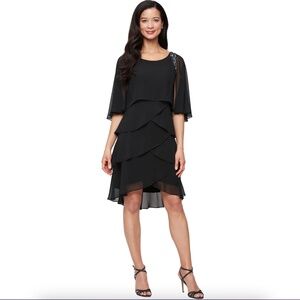 SLNY Tiered Chiffon Cocktail Party Dress with Attached Cape & Beaded Shoulders